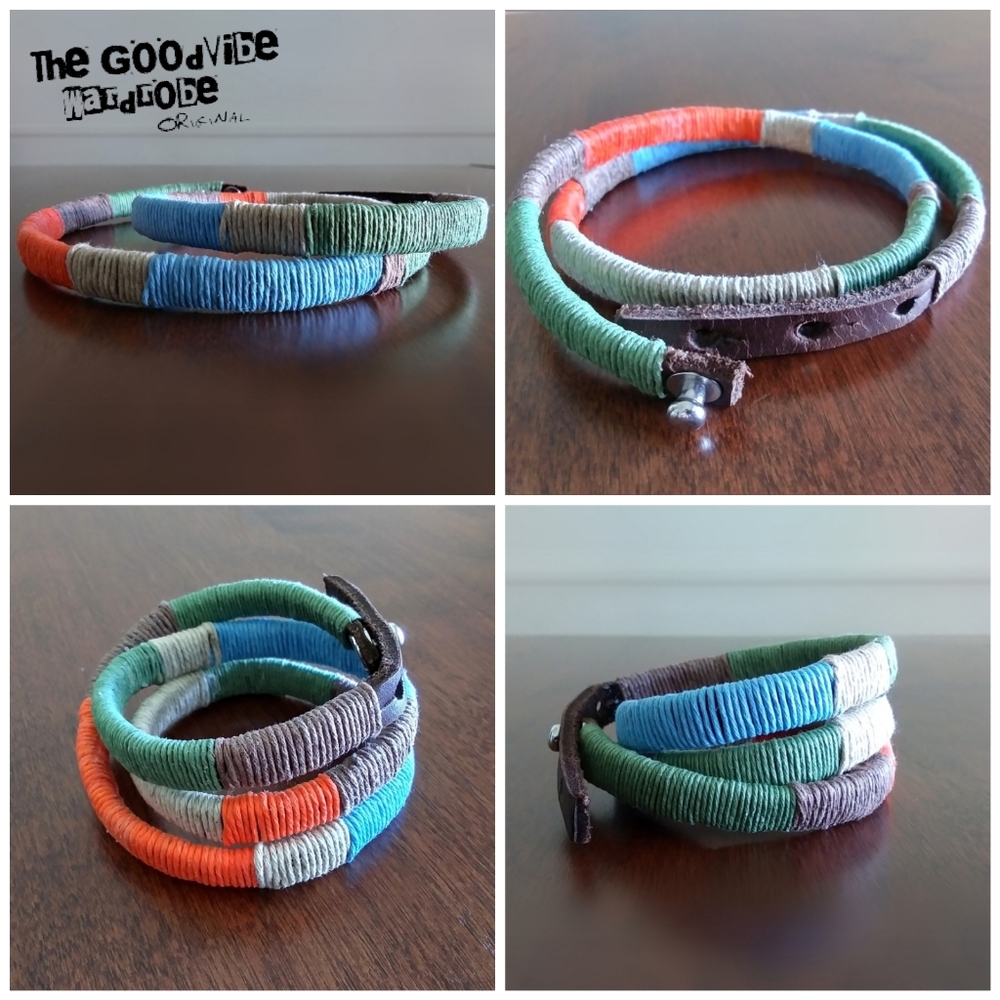 Color Block Hemp & Leather Wrap Bracelet